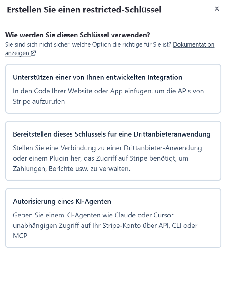 Stripe-Dialog: Verwendungszweck des Schlüssels — erste Option wählen